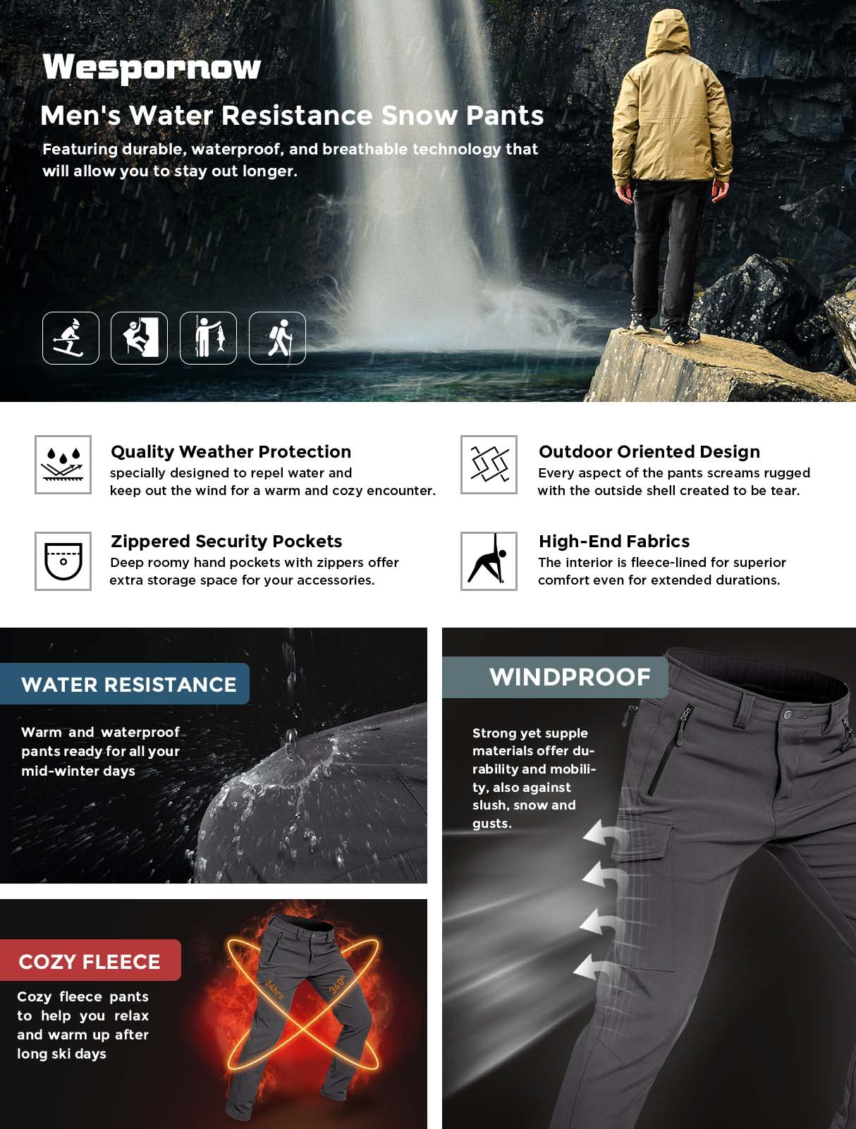 Wespornow Men's-Fleece-Lined-Hiking-Pants Water-Resistance-Snow-Ski-Pants Softshell Snowboarding Pants for Winter, Outdoor