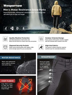Wespornow Men's-Fleece-Lined-Hiking-Pants Water-Resistance-Snow-Ski-Pants Softshell Snowboarding Pants for Winter, Outdoor