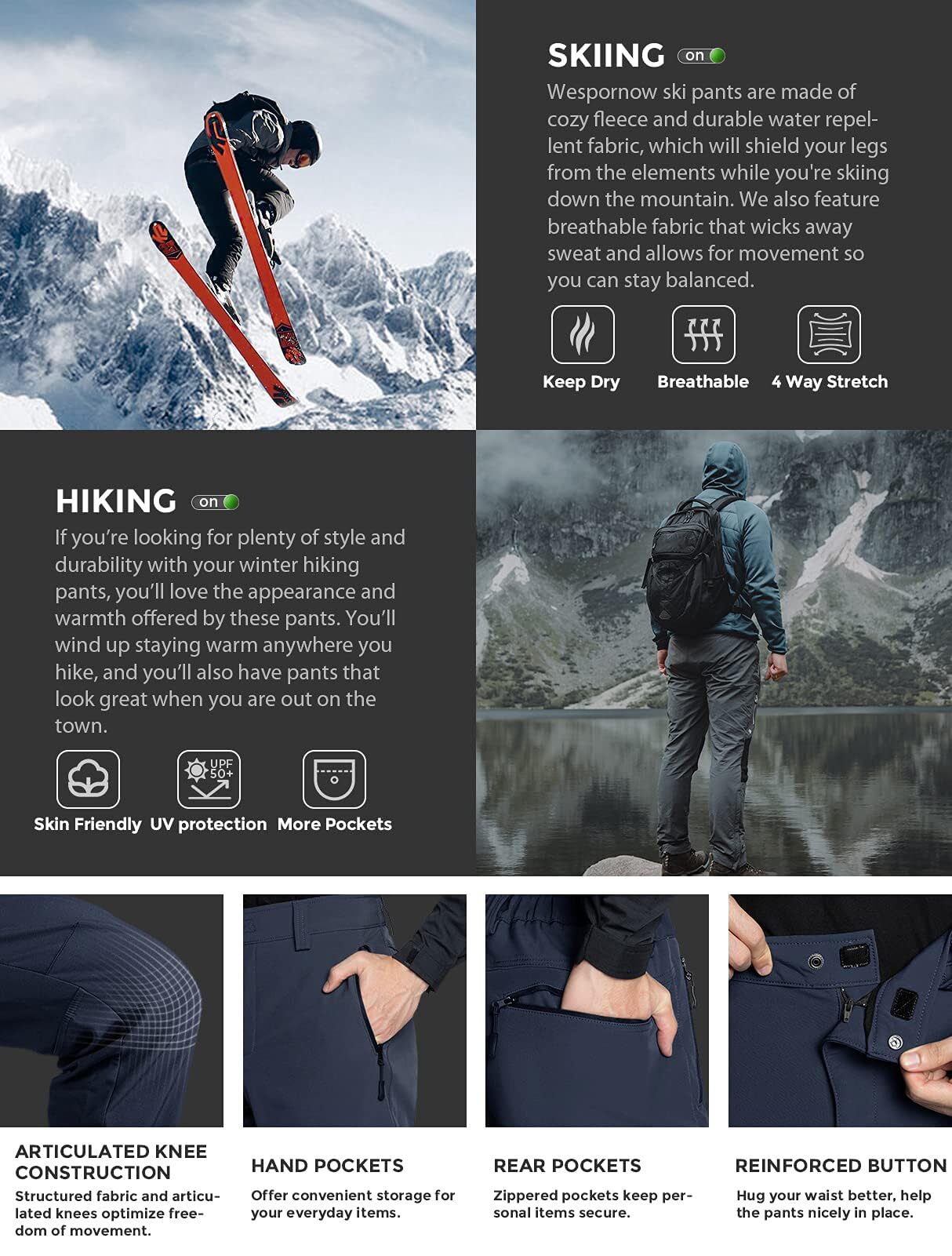Wespornow Men's-Fleece-Lined-Hiking-Pants Water-Resistance-Snow-Ski-Pants Softshell Snowboarding Pants for Winter, Outdoor