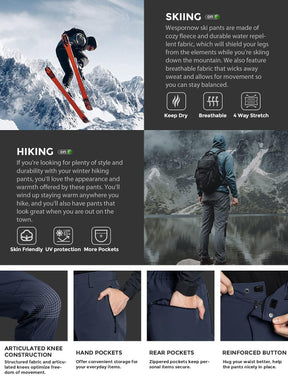 Wespornow Men's-Fleece-Lined-Hiking-Pants Water-Resistance-Snow-Ski-Pants Softshell Snowboarding Pants for Winter, Outdoor