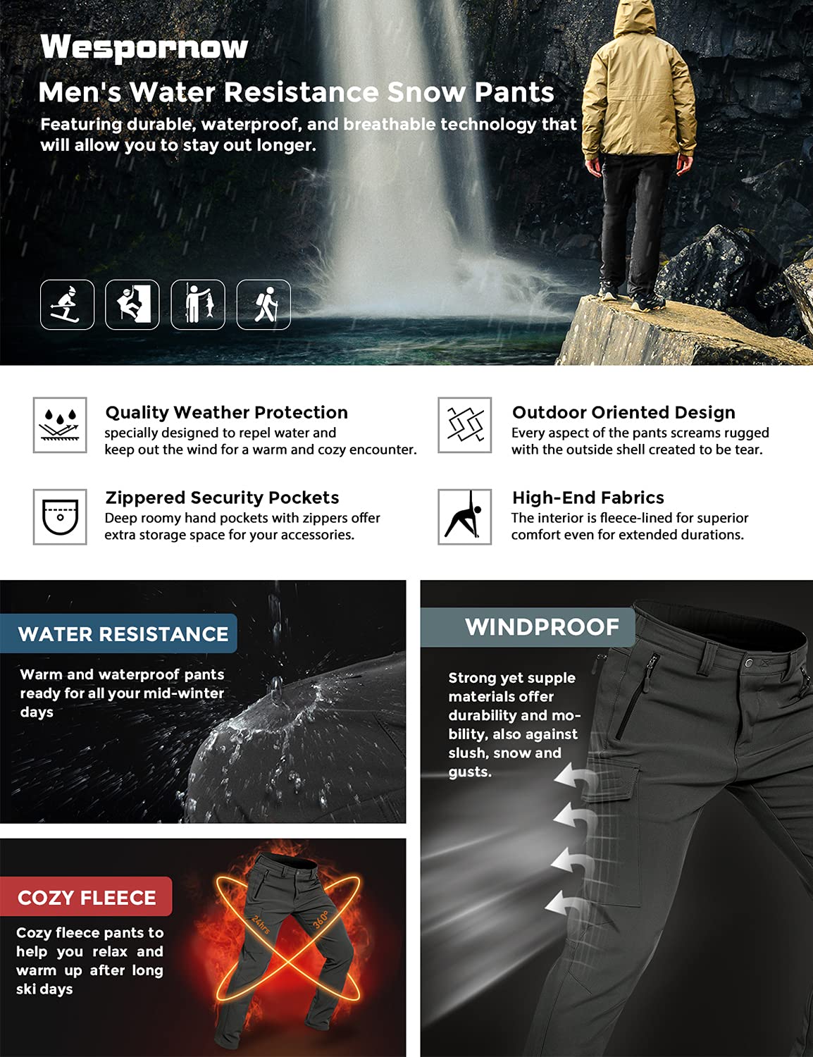 Wespornow Men's-Fleece-Lined-Hiking-Pants Water-Resistance-Snow-Ski-Pants Softshell Snowboarding Pants for Winter, Outdoor