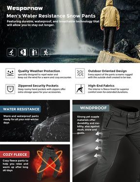Wespornow Men's-Fleece-Lined-Hiking-Pants Water-Resistance-Snow-Ski-Pants Softshell Snowboarding Pants for Winter, Outdoor