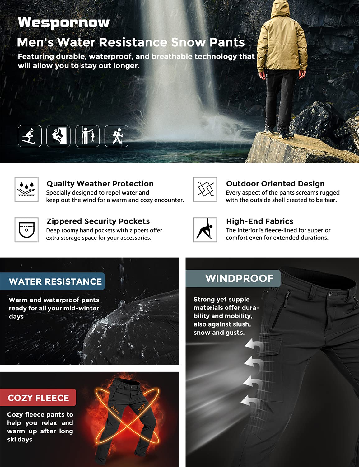 Wespornow Men's-Fleece-Lined-Hiking-Pants Water-Resistance-Snow-Ski-Pants Softshell Snowboarding Pants for Winter, Outdoor