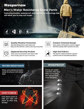 Wespornow Men's-Fleece-Lined-Hiking-Pants Water-Resistance-Snow-Ski-Pants Softshell Snowboarding Pants for Winter, Outdoor