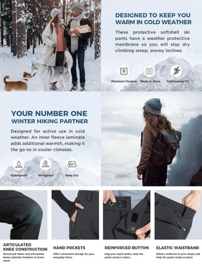 Wespornow Women's-Fleece-Lined-Hiking-Pants Snow-Ski-Pants Water-Resistance-Outdoor-Softshell-Insulated for Winter