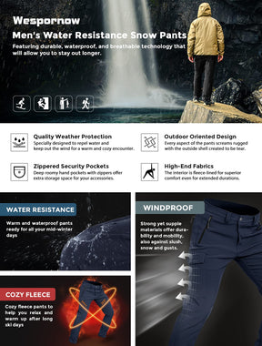 Wespornow Men's-Fleece-Lined-Hiking-Pants Water-Resistance-Snow-Ski-Pants Softshell Snowboarding Pants for Winter, Outdoor