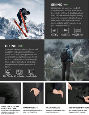Wespornow Men's-Fleece-Lined-Hiking-Pants Water-Resistance-Snow-Ski-Pants Softshell Snowboarding Pants for Winter, Outdoor