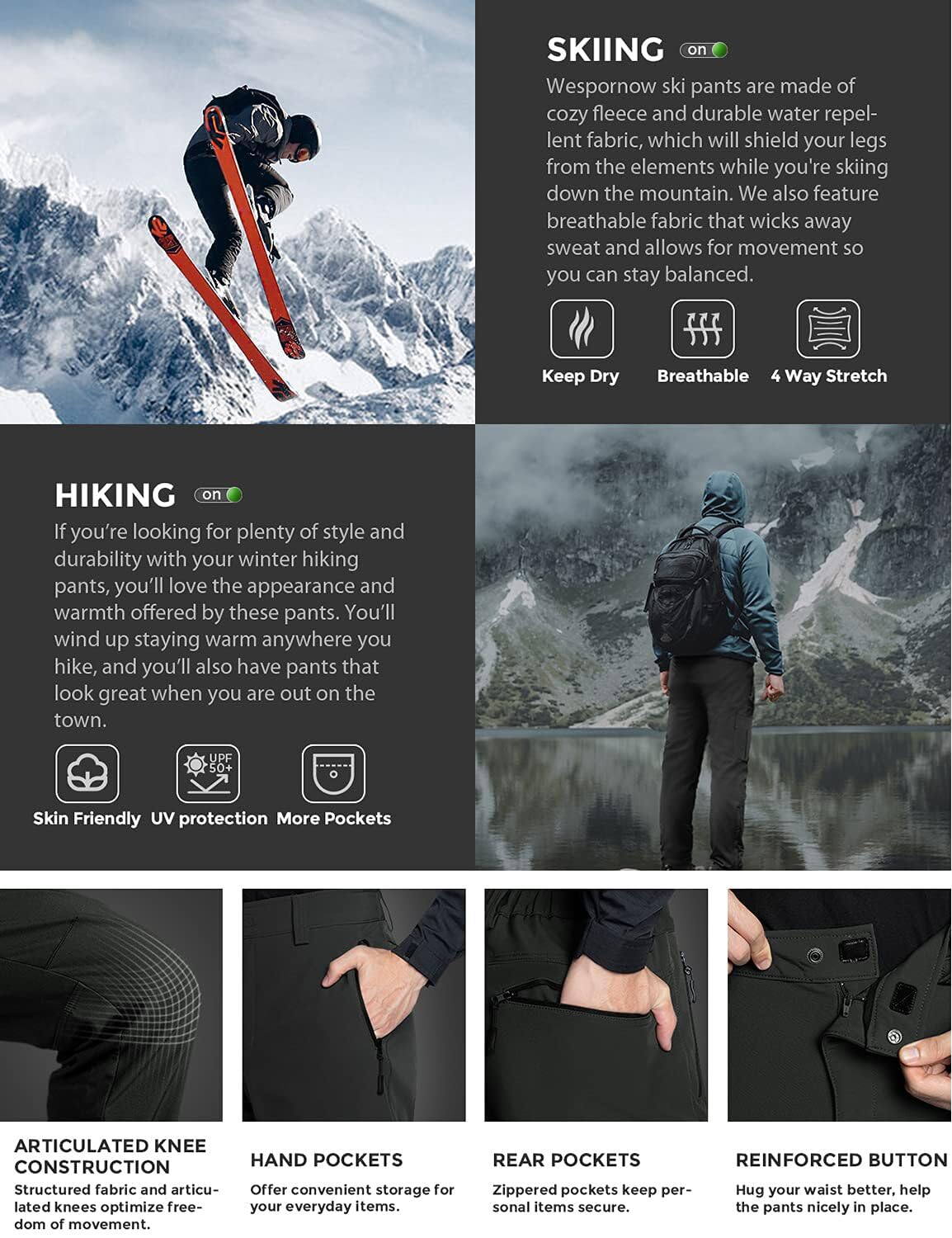 Wespornow Men's-Fleece-Lined-Hiking-Pants Water-Resistance-Snow-Ski-Pants Softshell Snowboarding Pants for Winter, Outdoor