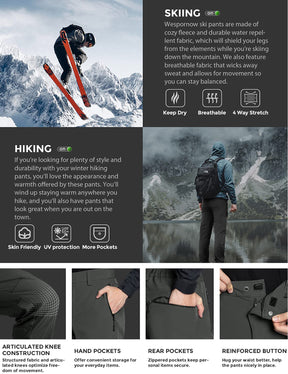 Wespornow Men's-Fleece-Lined-Hiking-Pants Water-Resistance-Snow-Ski-Pants Softshell Snowboarding Pants for Winter, Outdoor