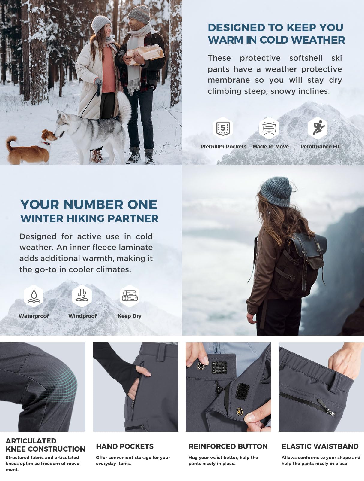 Wespornow Women's-Fleece-Lined-Hiking-Pants Snow-Ski-Pants Water-Resistance-Outdoor-Softshell-Insulated for Winter