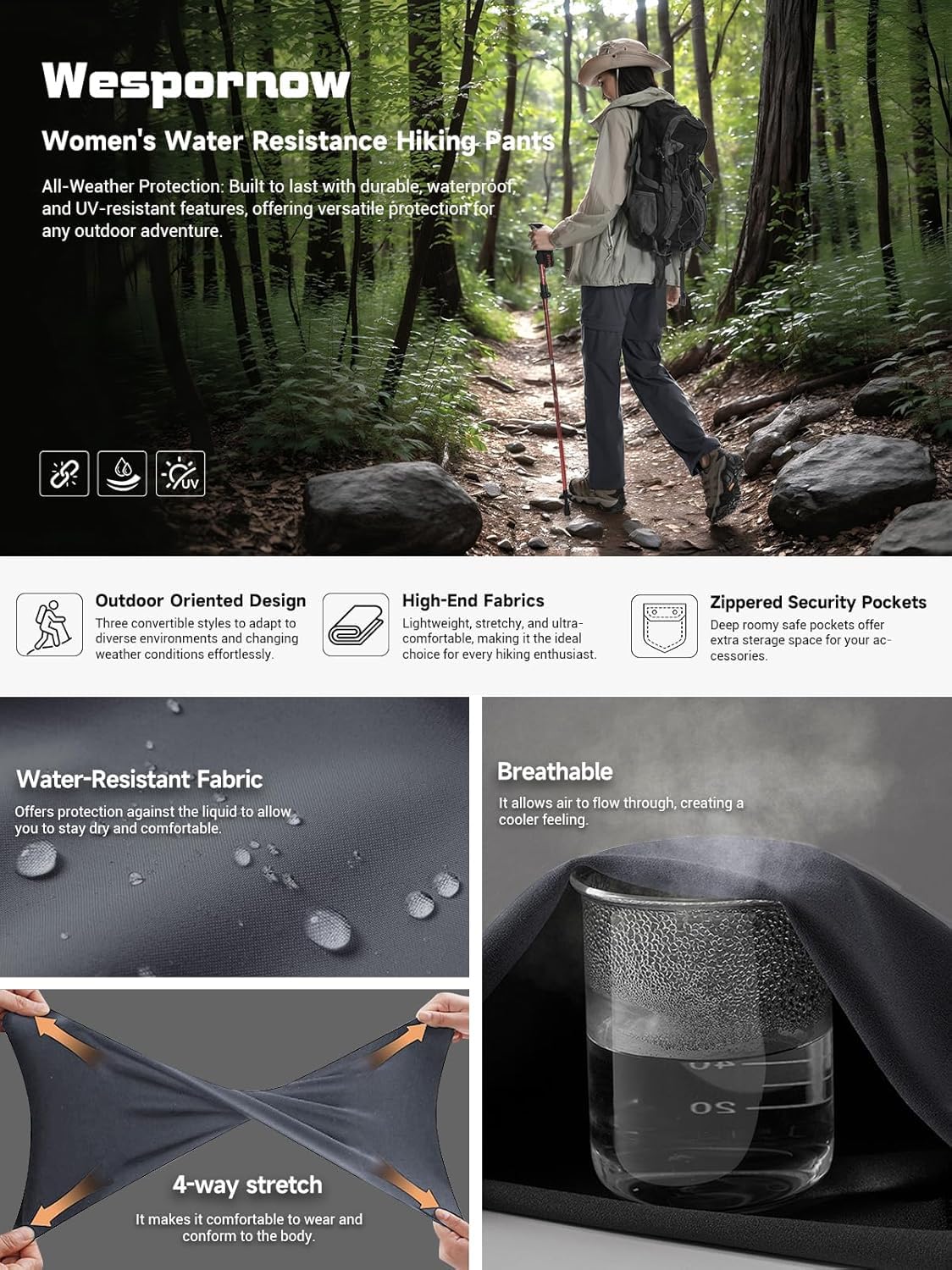 Wespornow Women's-Hiking-Pants Convertible-Zip-Off-Quick-Dry-Pants for Cargo, Camping, Travel, Outdoor, Fishing, Safari