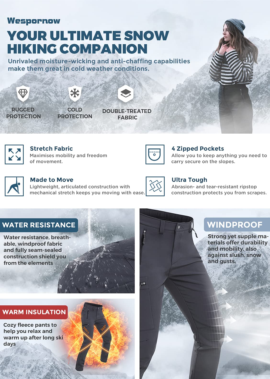 Wespornow Women's-Fleece-Lined-Hiking-Pants Snow-Ski-Pants Water-Resistance-Outdoor-Softshell-Insulated for Winter
