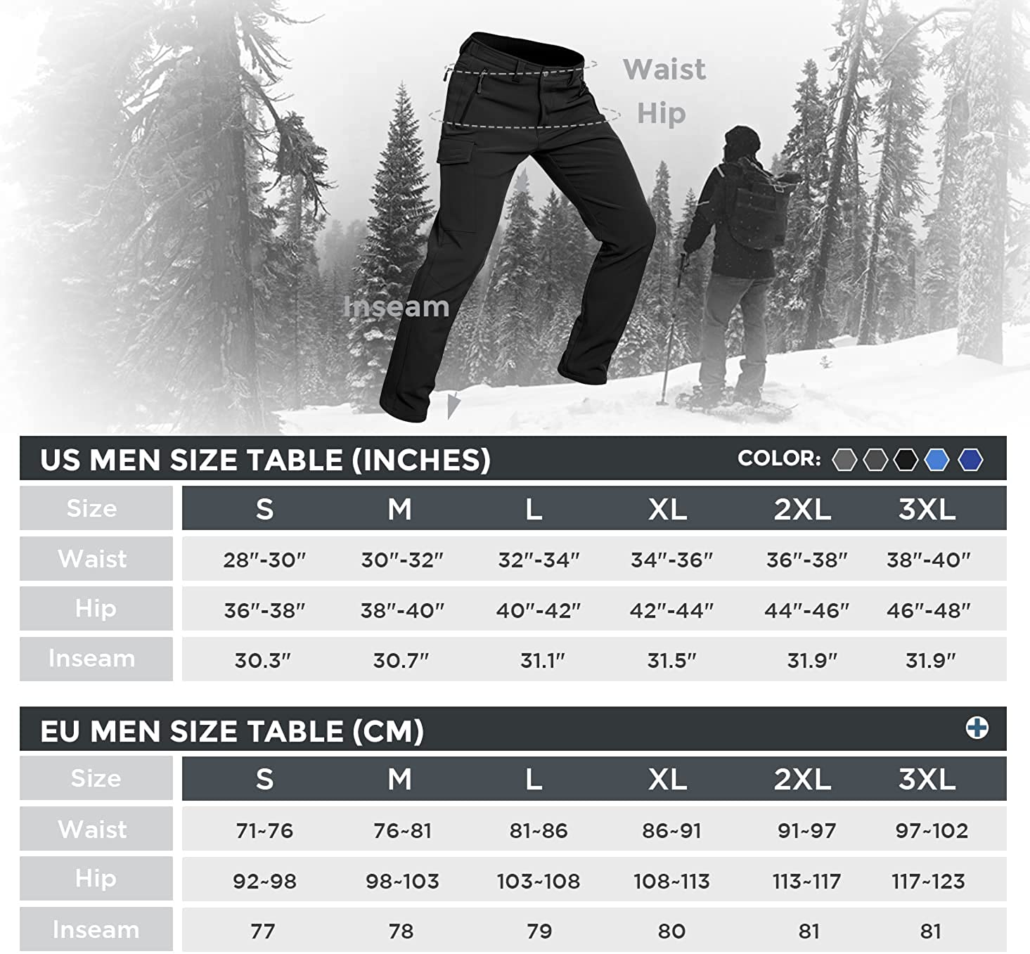 Men's-Fleece-Lined-Hiking-Pants Water-Resistance-Snow-Ski-Pants Softsh