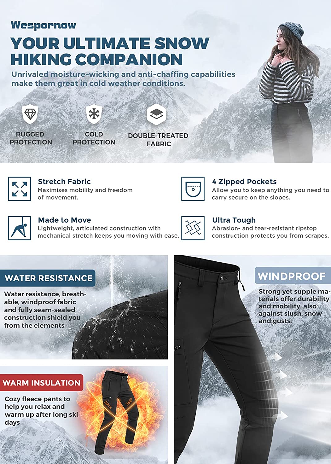  Wespornow Women's-Fleece-Lined-Hiking-Pants Snow-Ski